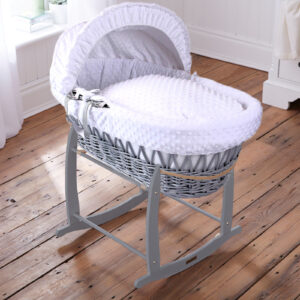 Grey Wicker/white dimples Moses Basket & Grey Deluxe Rocking Stand